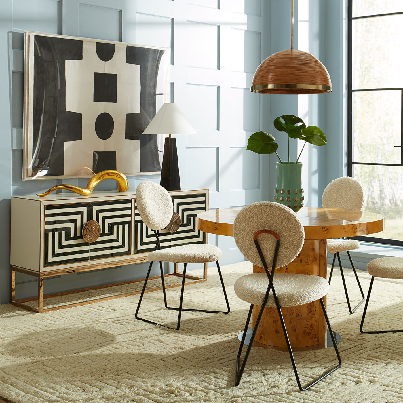 brussles t base dining table caprice dining chairs caracas wave chandelier - styled view