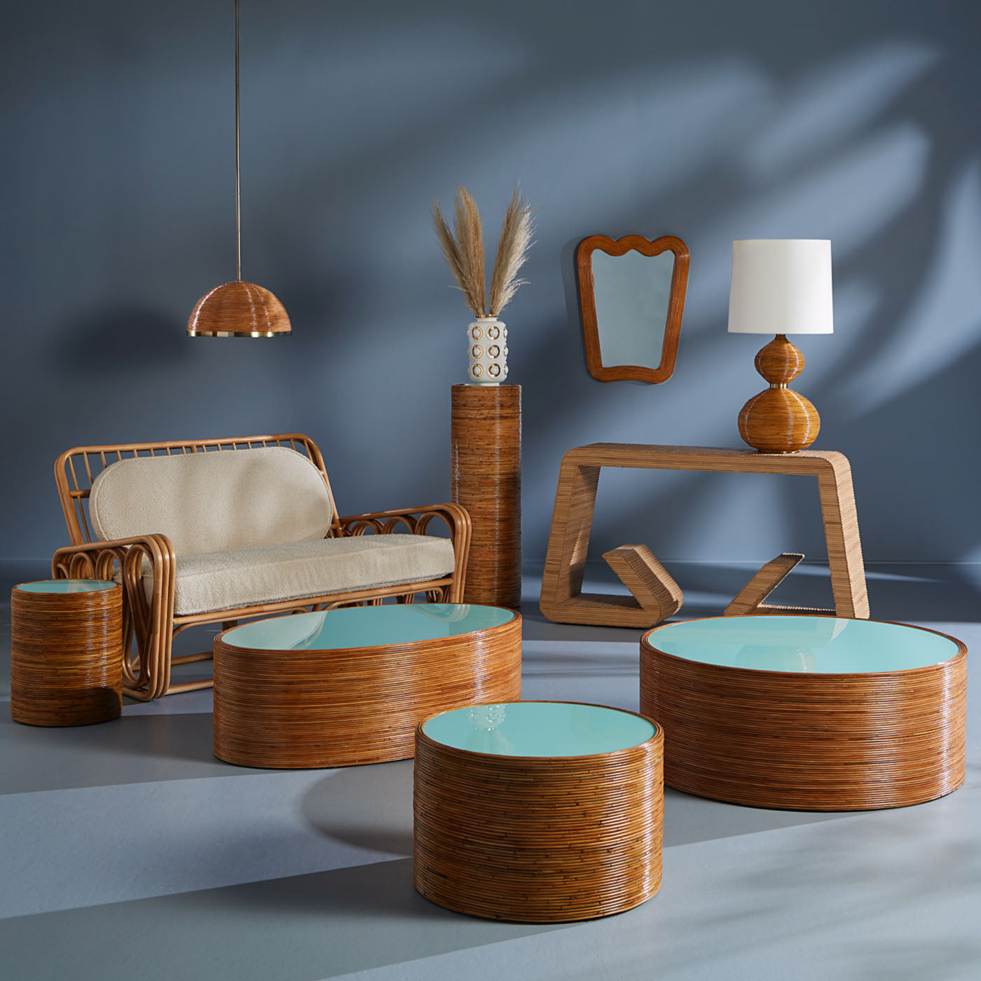 riviera pedestal rattan lacquer blue top - front top view