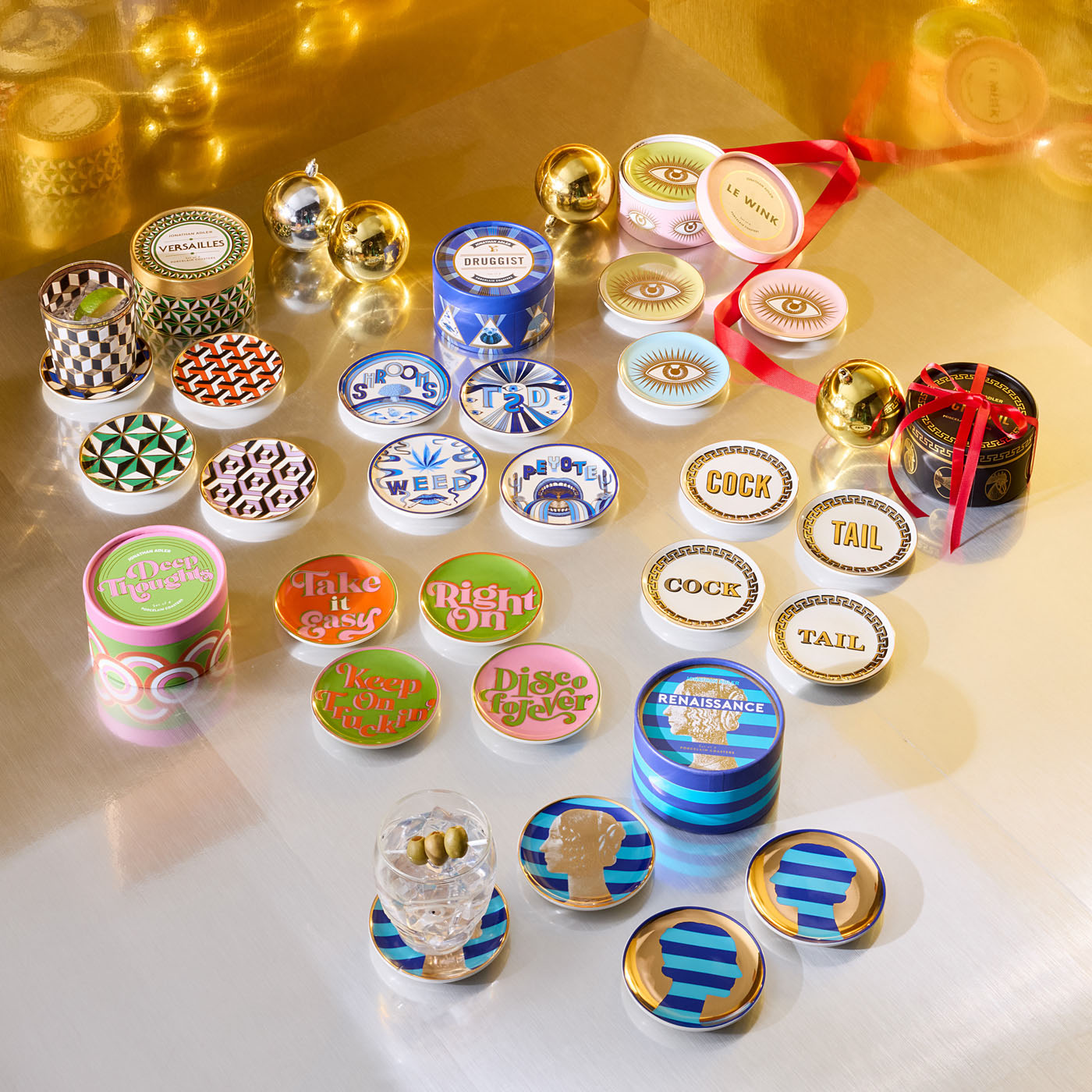 cock/tail coasters porcelain gold white - holiday shot