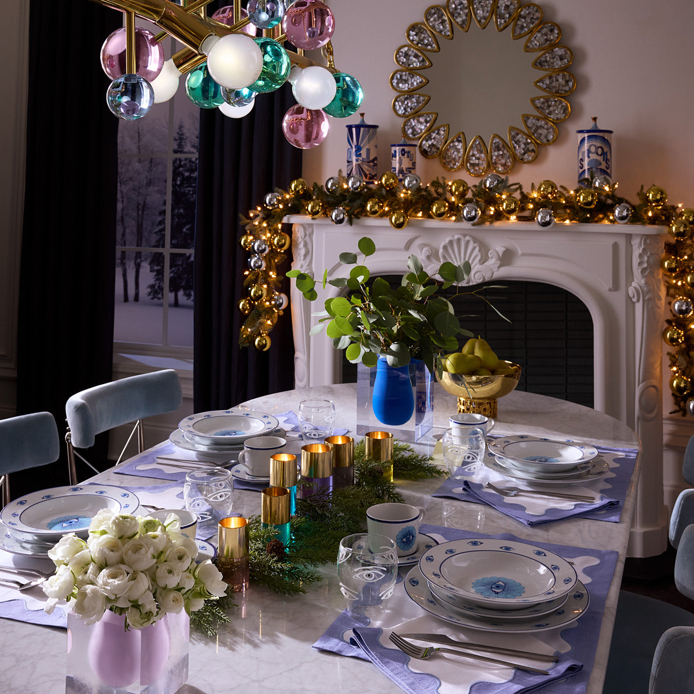 Cobalt blue vase holiday dining scene shot