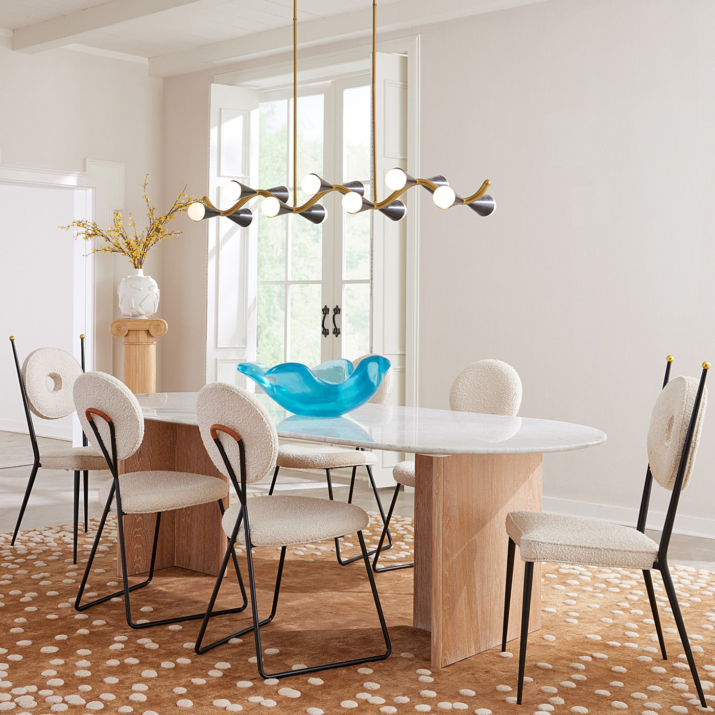 brussels t base dining table with ventana chandelier