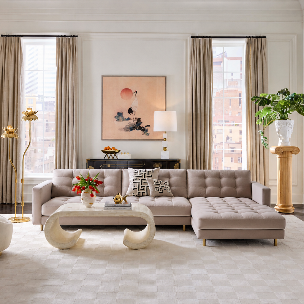 A modern sectional sofa in a light taupe-beige fabric, styled in a luxurious, symmetrical living room with beige curtains, a white marble coffee table, and a gold floor lamp.