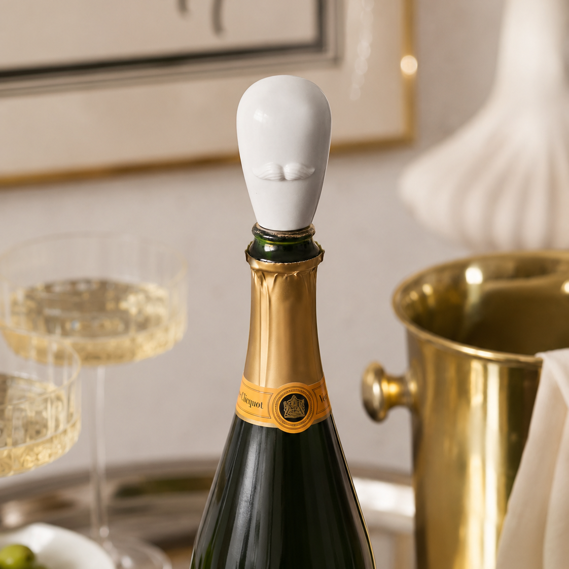 A close-up of a champagne bottle with a white ceramic stopper shaped like a face, set on a tray with champagne glasses and a gold bucket in a softly lit interior.