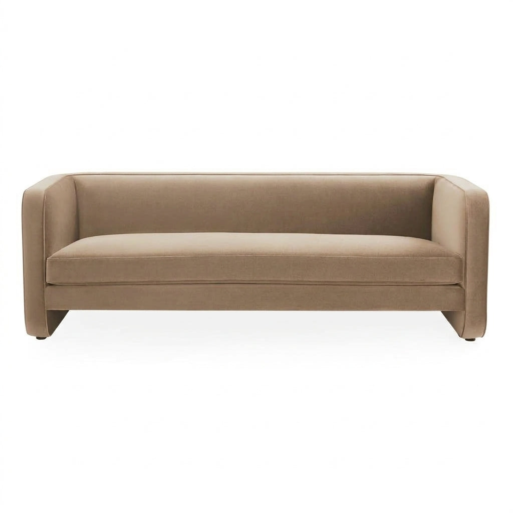 A modern two-seater sofa upholstered in a warm taupe fabric, shown from a straight-on front angle against a plain white background.