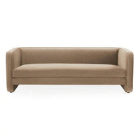 A modern two-seater sofa upholstered in a warm taupe fabric, shown from a straight-on front angle against a plain white background.