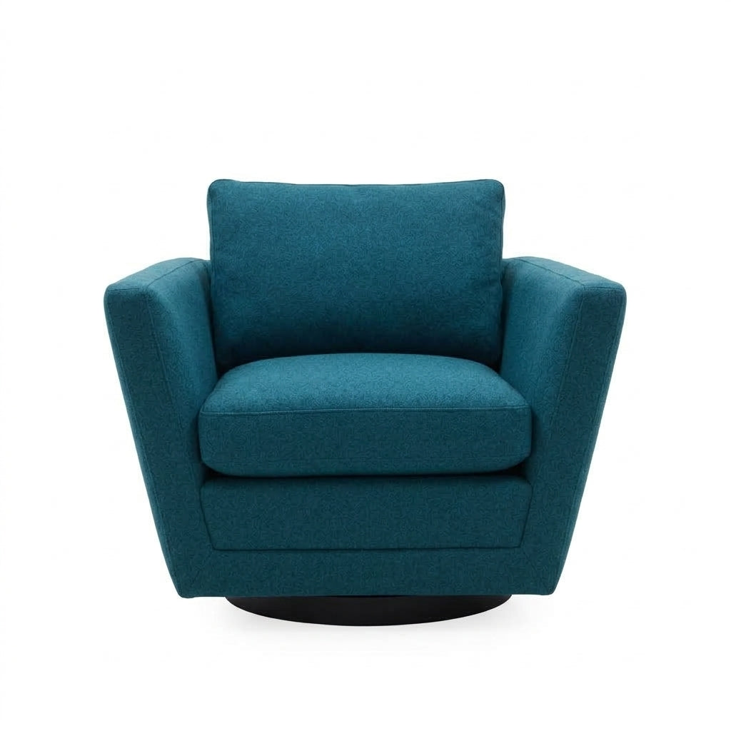 A modern swivel armchair upholstered in a textured teal fabric, featuring a square backrest, wide armrests, and a black circular swivel base, shown against a plain white background.