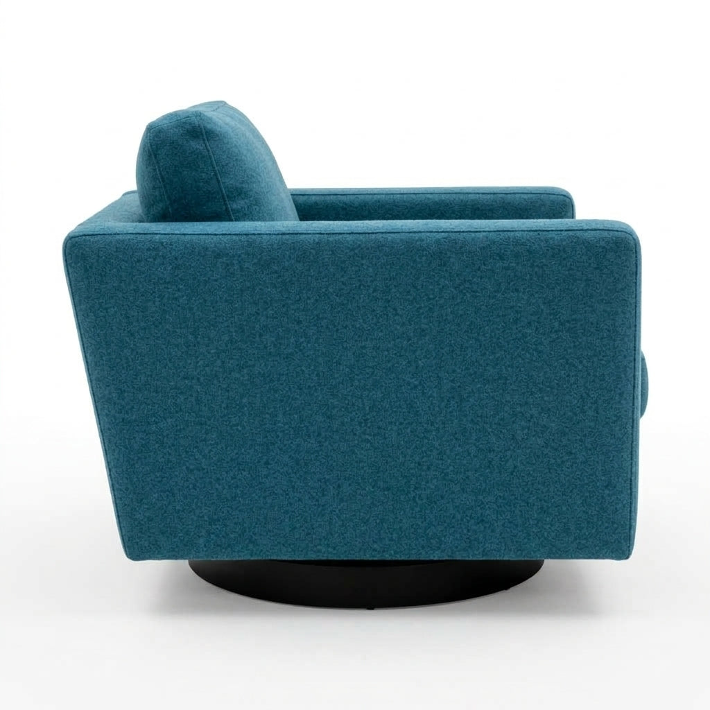 A modern teal blue upholstered swivel armchair with a black circular base, shown from a three-quarters angle on a white background.
