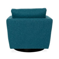 A modern square armchair upholstered in textured teal fabric, featuring a high backrest and a black circular swivel base, shown from the rear against a white background.