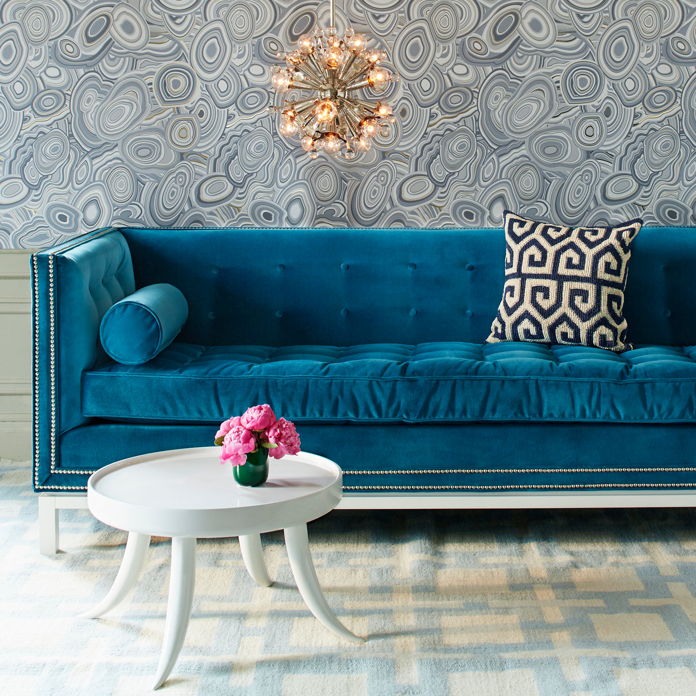 mini sputnik chandelier lampert sofa nailhead - styled view