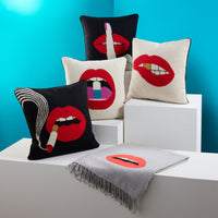 lips bitten needlepoint throw pillow velvet navy - back view