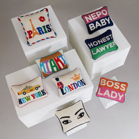 boss lady needlepoint pillow wool orange pink velvet navy back - back view