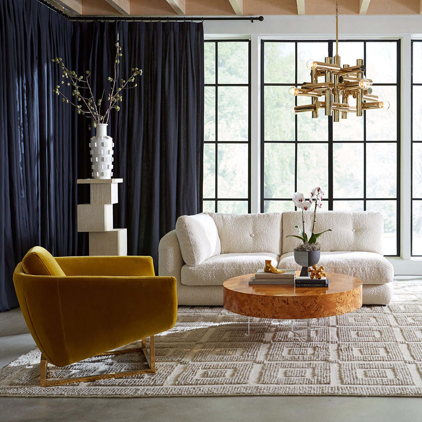 beaumont settee alphaville cocktail table linving room - styled view