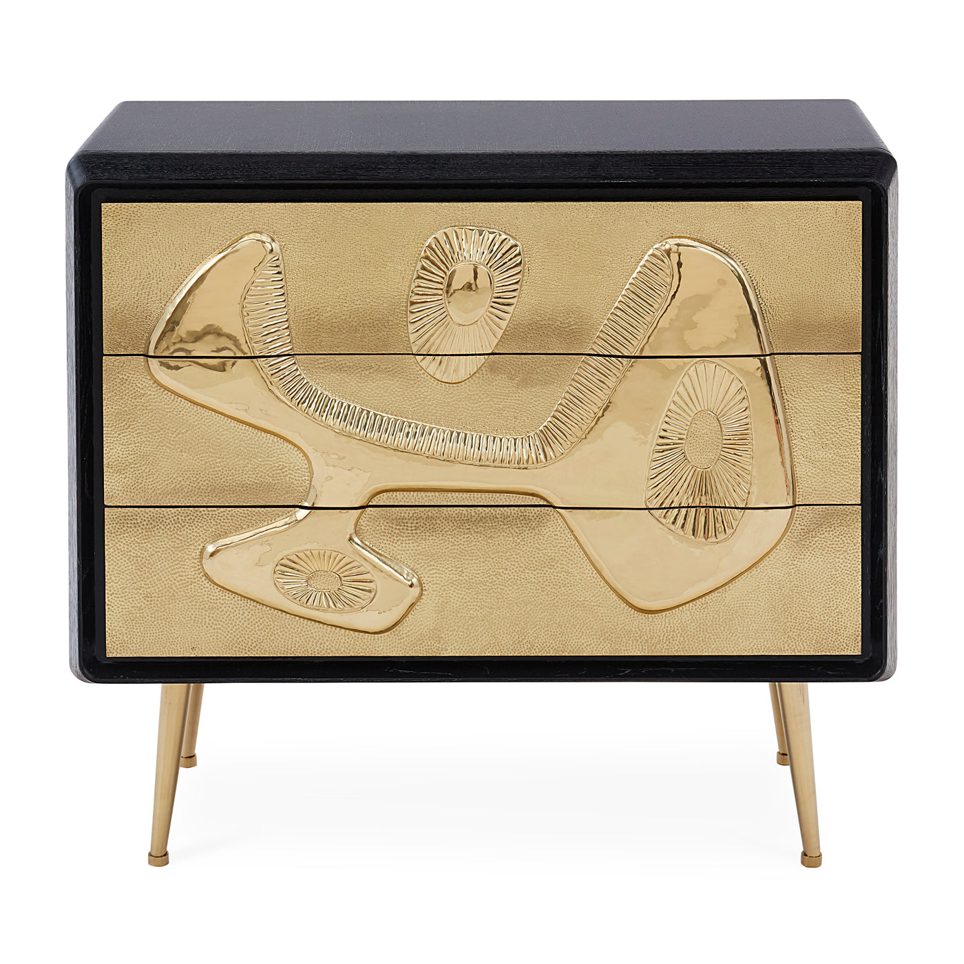 reform three-drawer dresser ebonized oak wood hand-hammered brass doors brass legs - front view