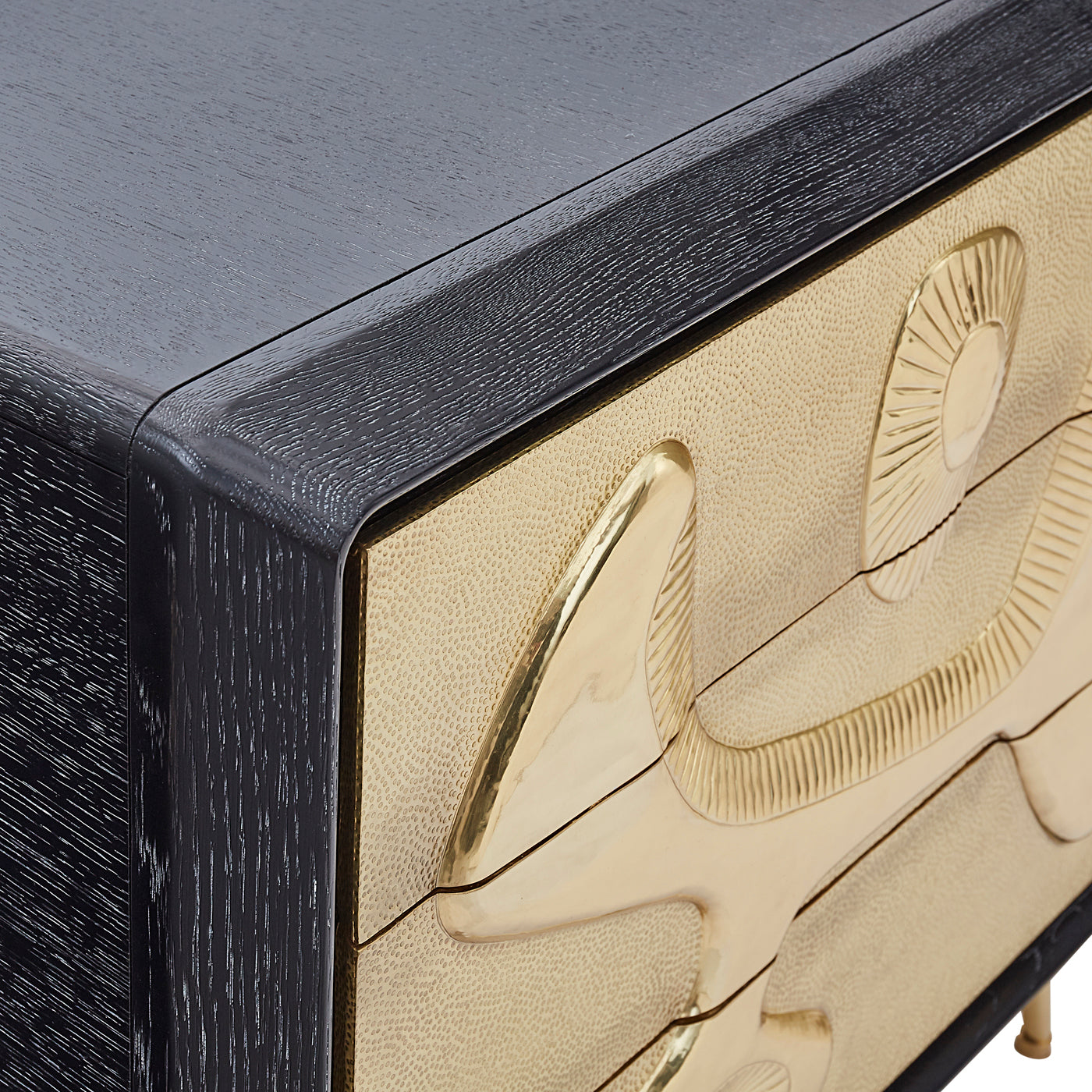 reform three-drawer dresser ebonized oak wood hand-hammered brass doors brass legs - detail view