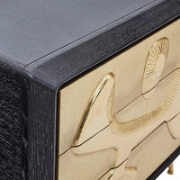 reform three-drawer dresser ebonized oak wood hand-hammered brass doors brass legs - detail view
