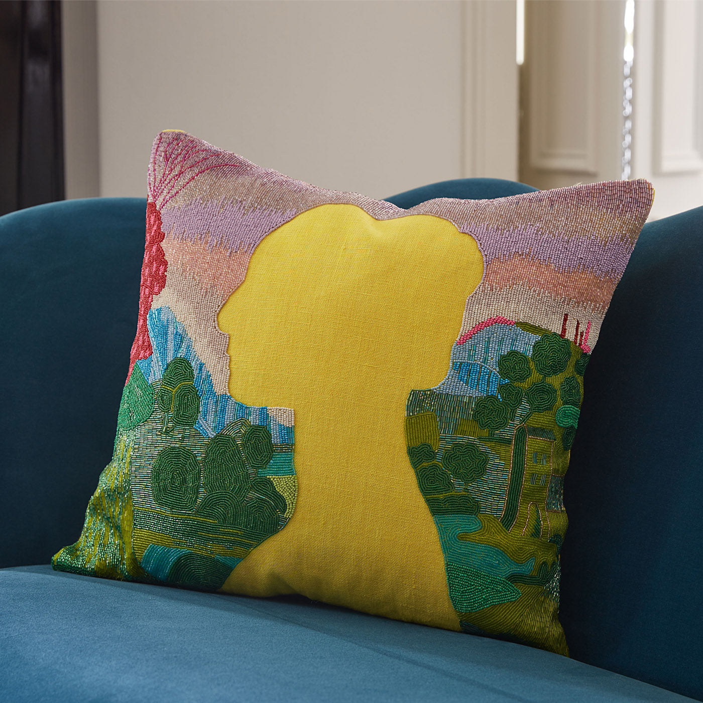 Renaissance Landscape Beaded Pillow with Ripple Apartment Sofa