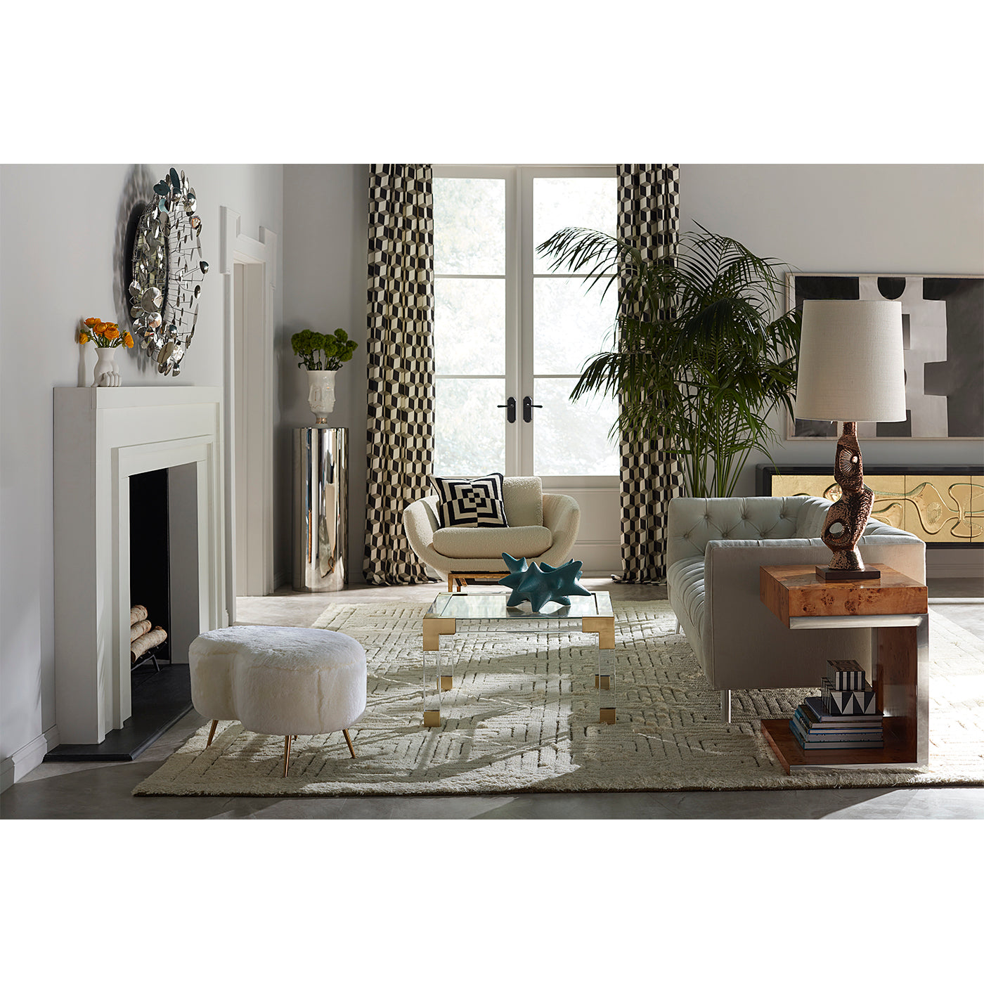 alphaville pedestal beaumont lounge chair jacques cocktail table living room - styled view