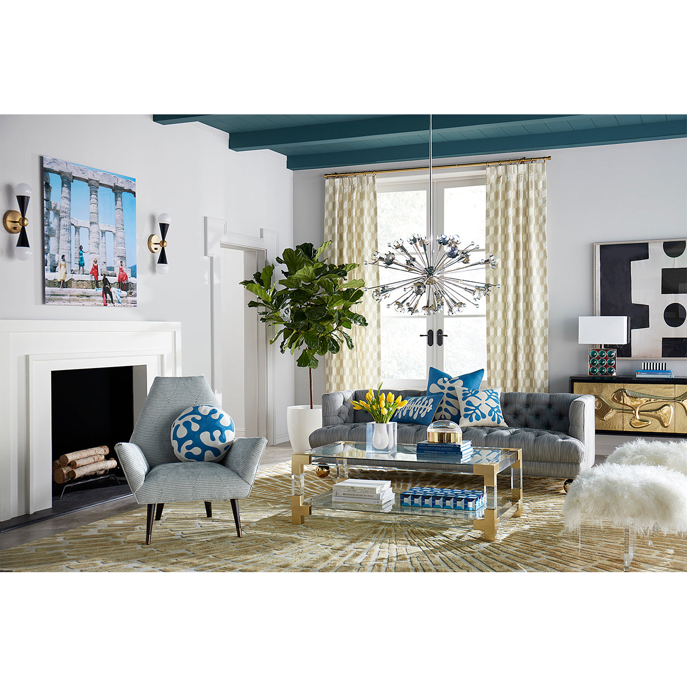 sputnik chandelier baxter t-arm sofa jacques grand cocktail table - styled view