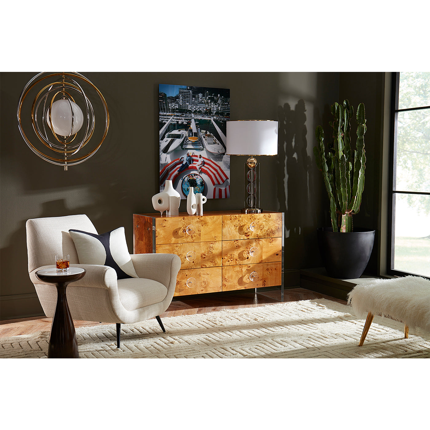 bond six-drawer dresser marcello lounge chair paradox vases - styled view