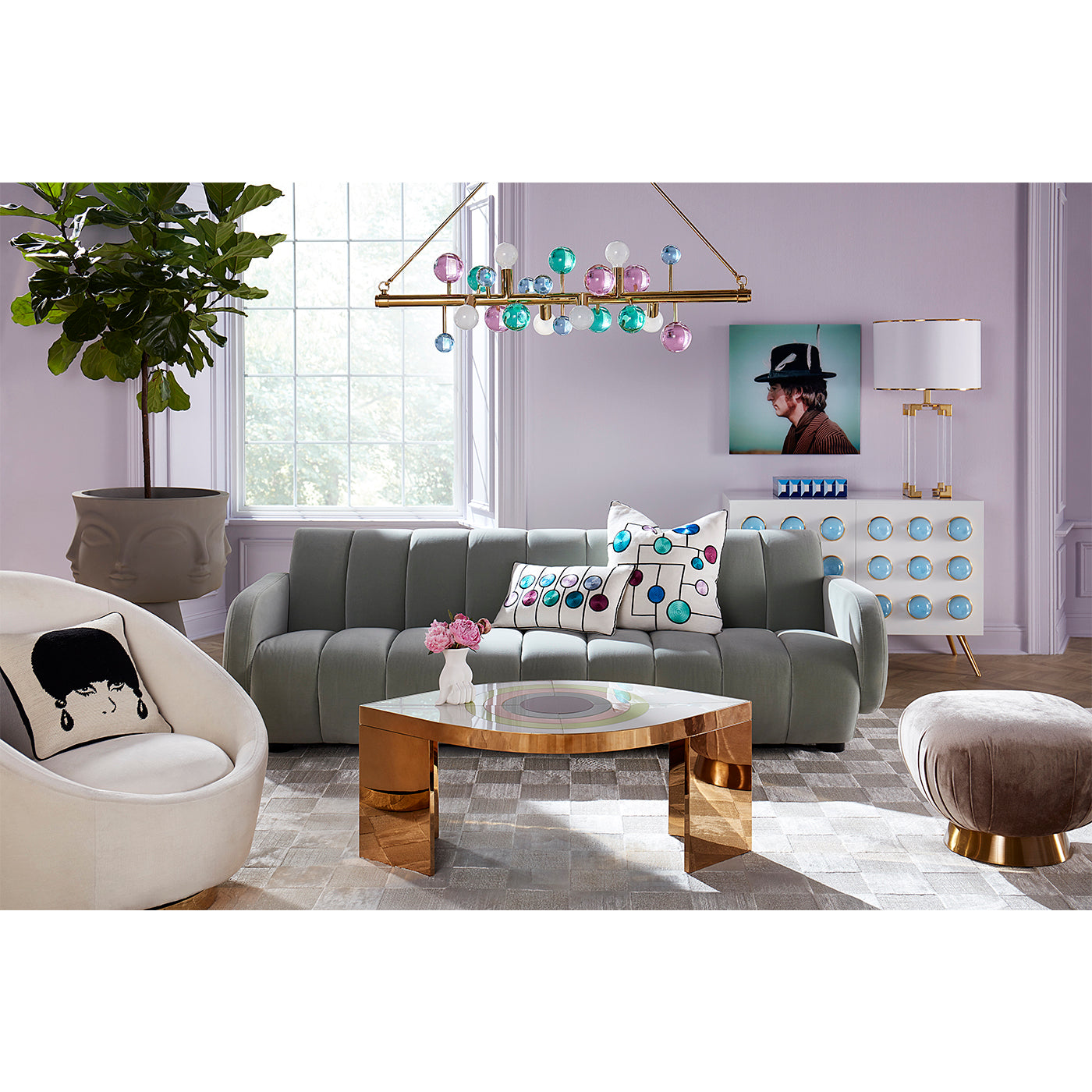 jacques column table lamp brigitte sofa harlequin eye cocktail table - styled view