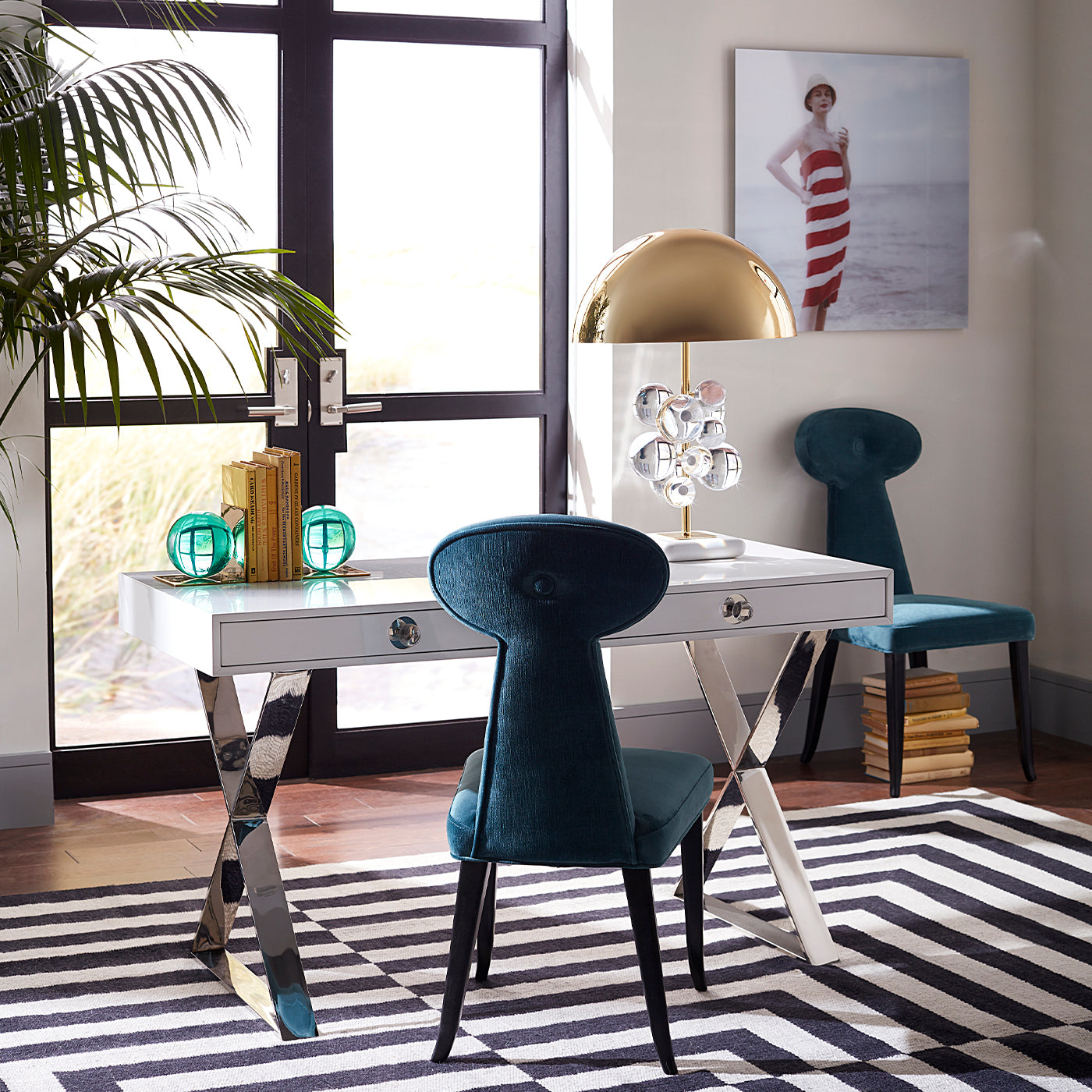 globo table lamp clear channing desk vera dining chairs - styled view