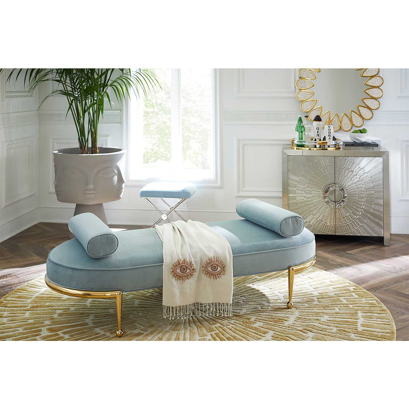 talitha cabinet nickel charade daybed eyes embellished throw - styled view
