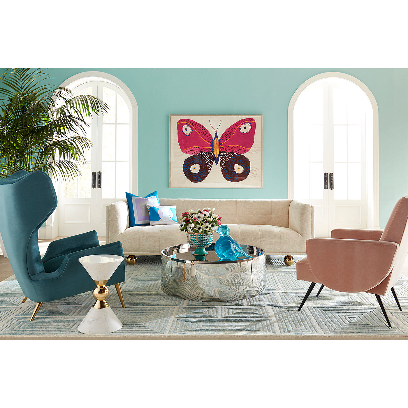 claridge sofa oxford blue leather - styled detail view