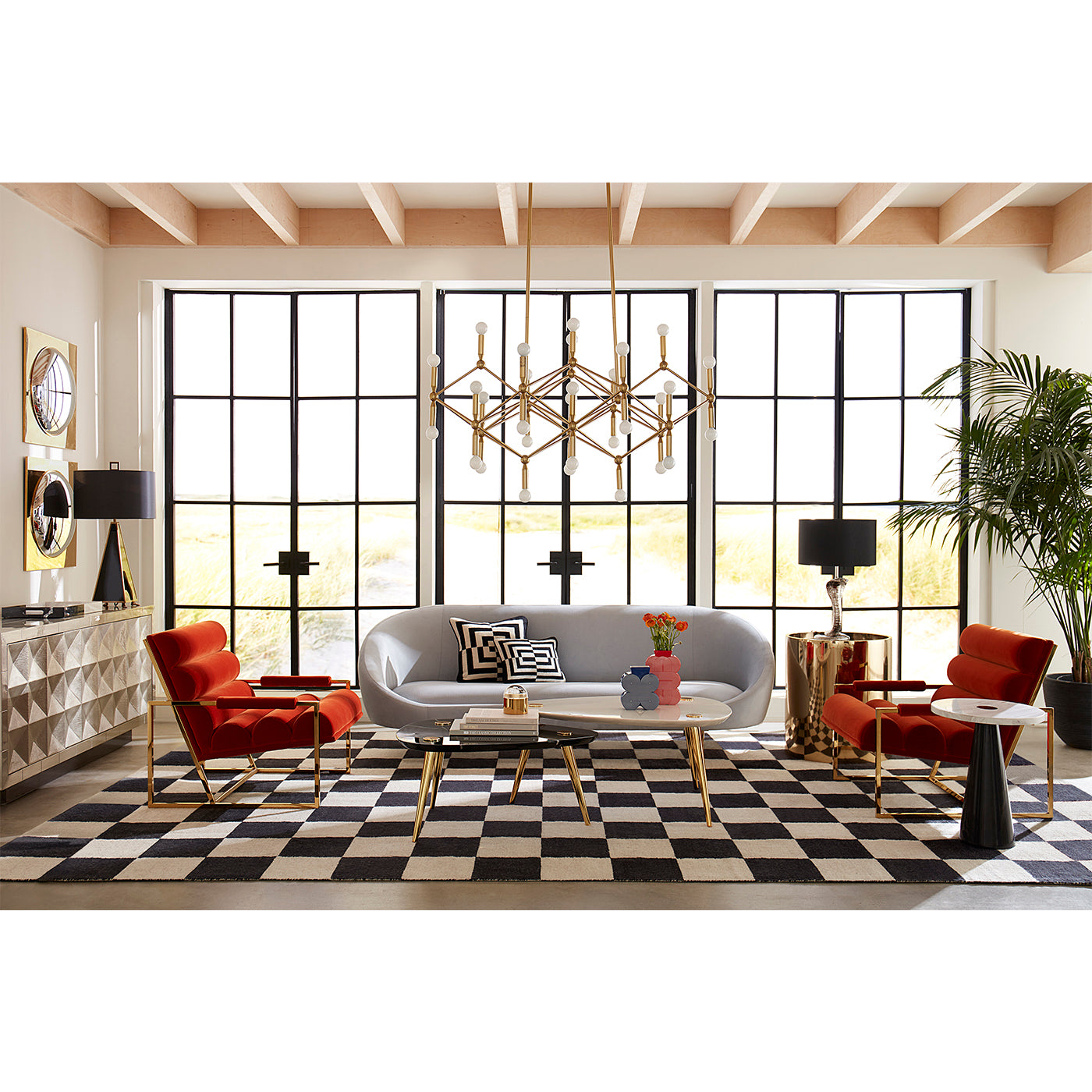 channeled goldfinger lounge chairs varese persimmon ether sofa living room - styled view
