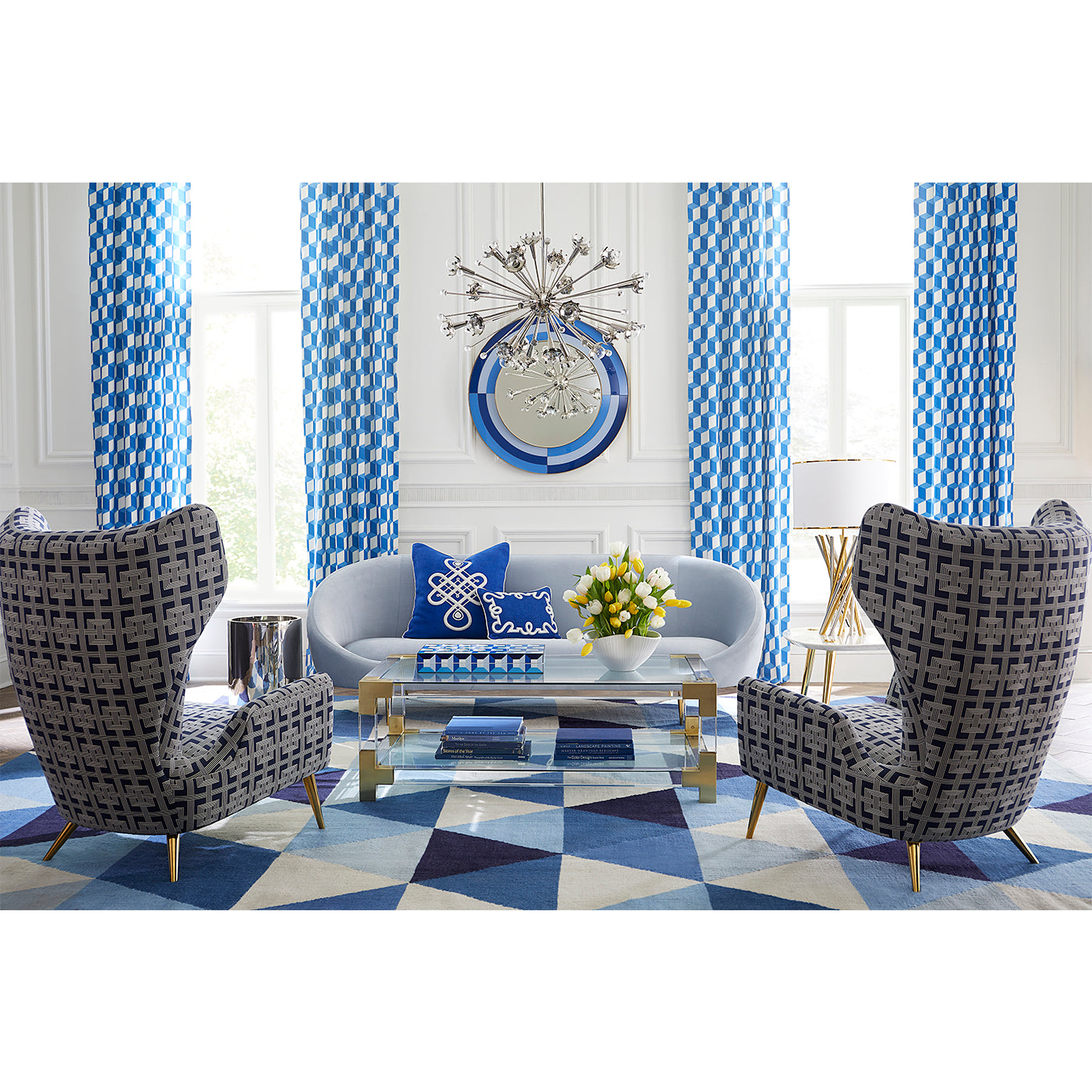 harlequin round mirror blue ether sofa milano wing chairs living room - styled view