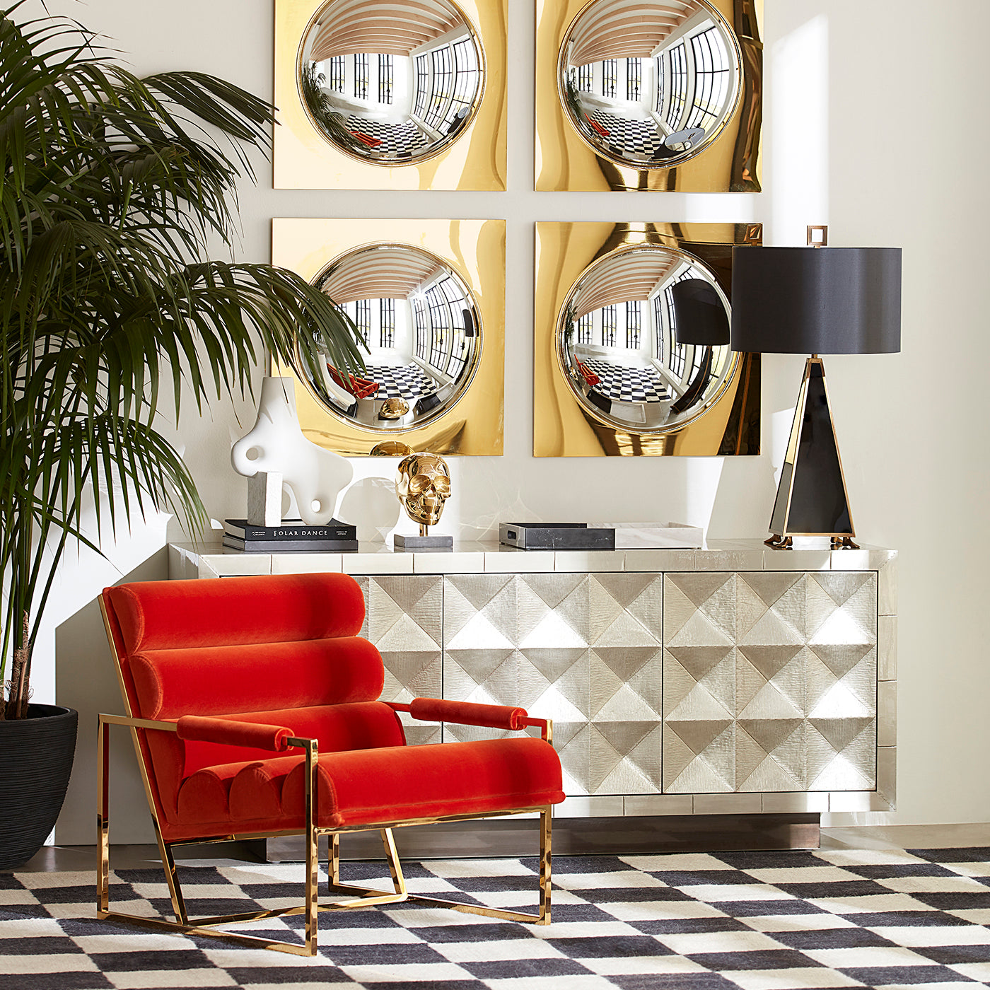 channeled goldfinger lounge chair varese persimmon talitha credenza vignette - styled view