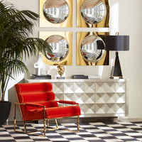 channeled goldfinger lounge chair varese persimmon talitha credenza vignette - styled view