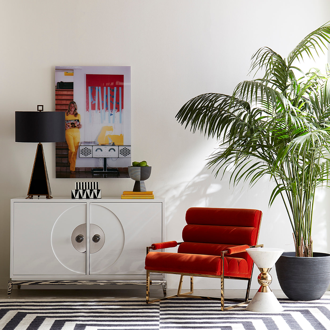 channeled goldfinger lounge chair varese persimmon channing buffet vignette - styled view