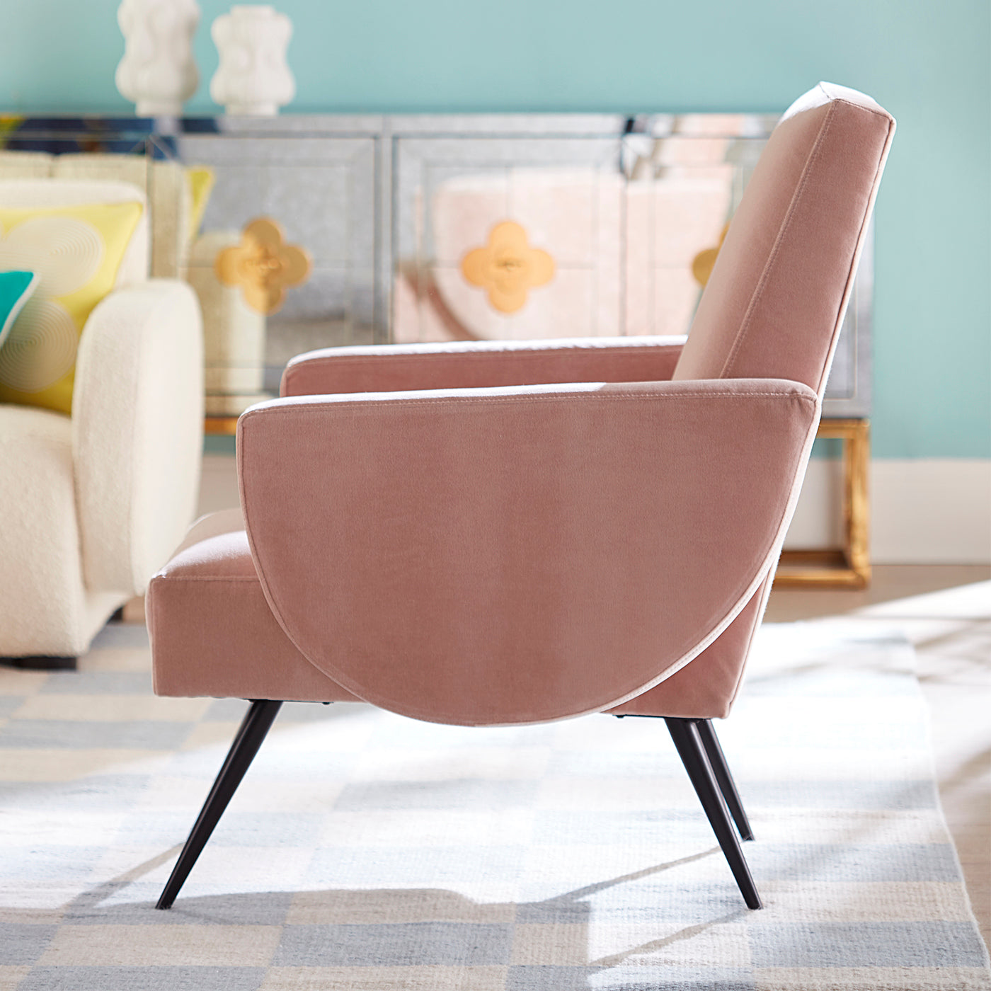 philippe lounge chair venice blush - styled side view