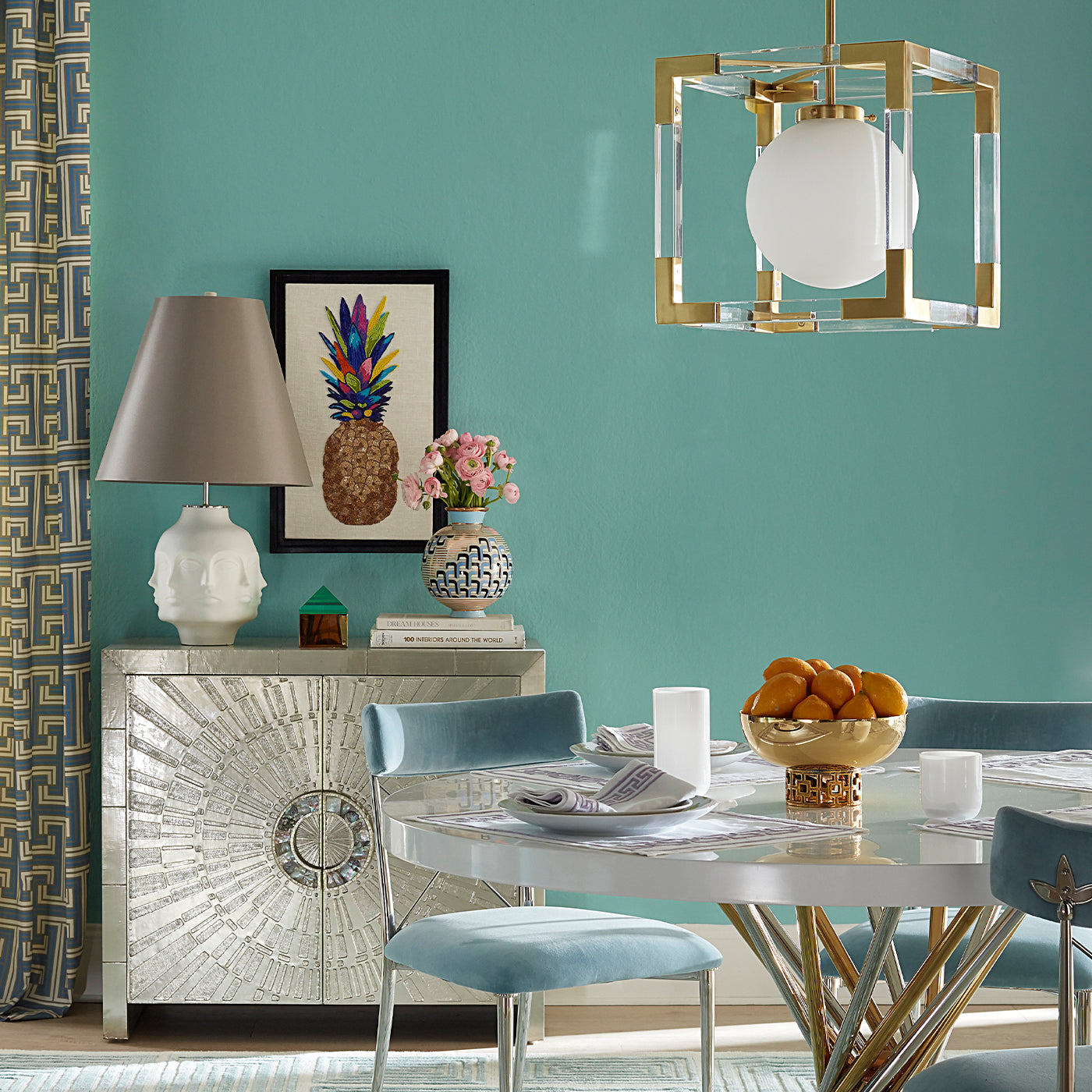 talitha cabinet nickel electrum dining table rider dining chairs dining room - styled view