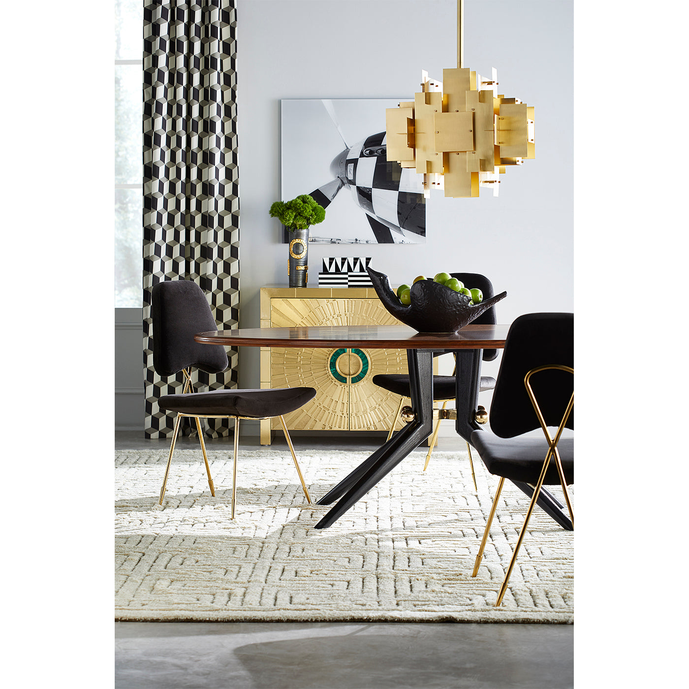 talitha cabinet brass trocadero dining table maxime dinging chairs dining room - styled view