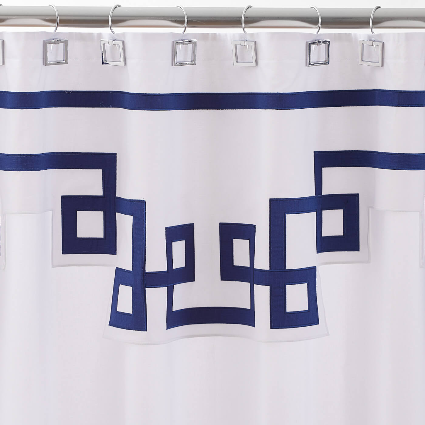 square door knocker shower hooks polished nickel campaign shower curtain - styled view