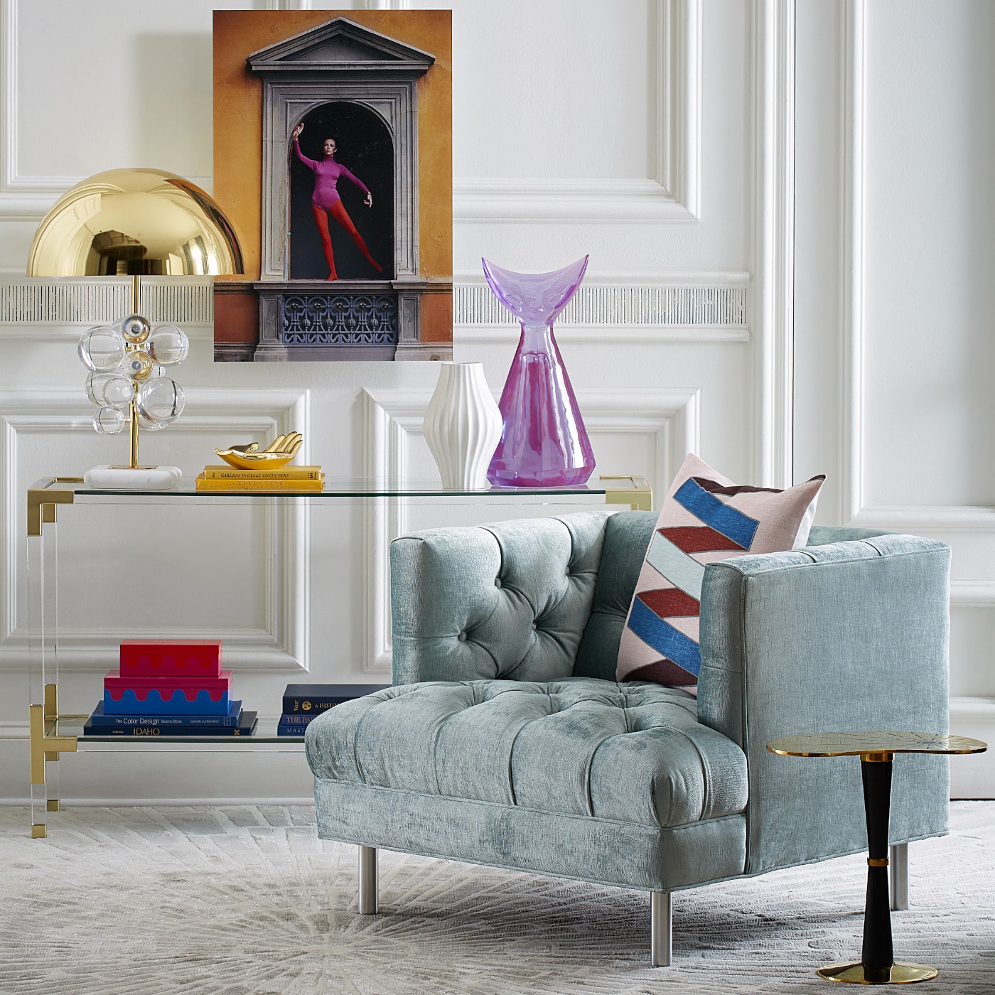 slim aarons "marie-louise scio" photograph baxter t-arm chair jacques console - styled view