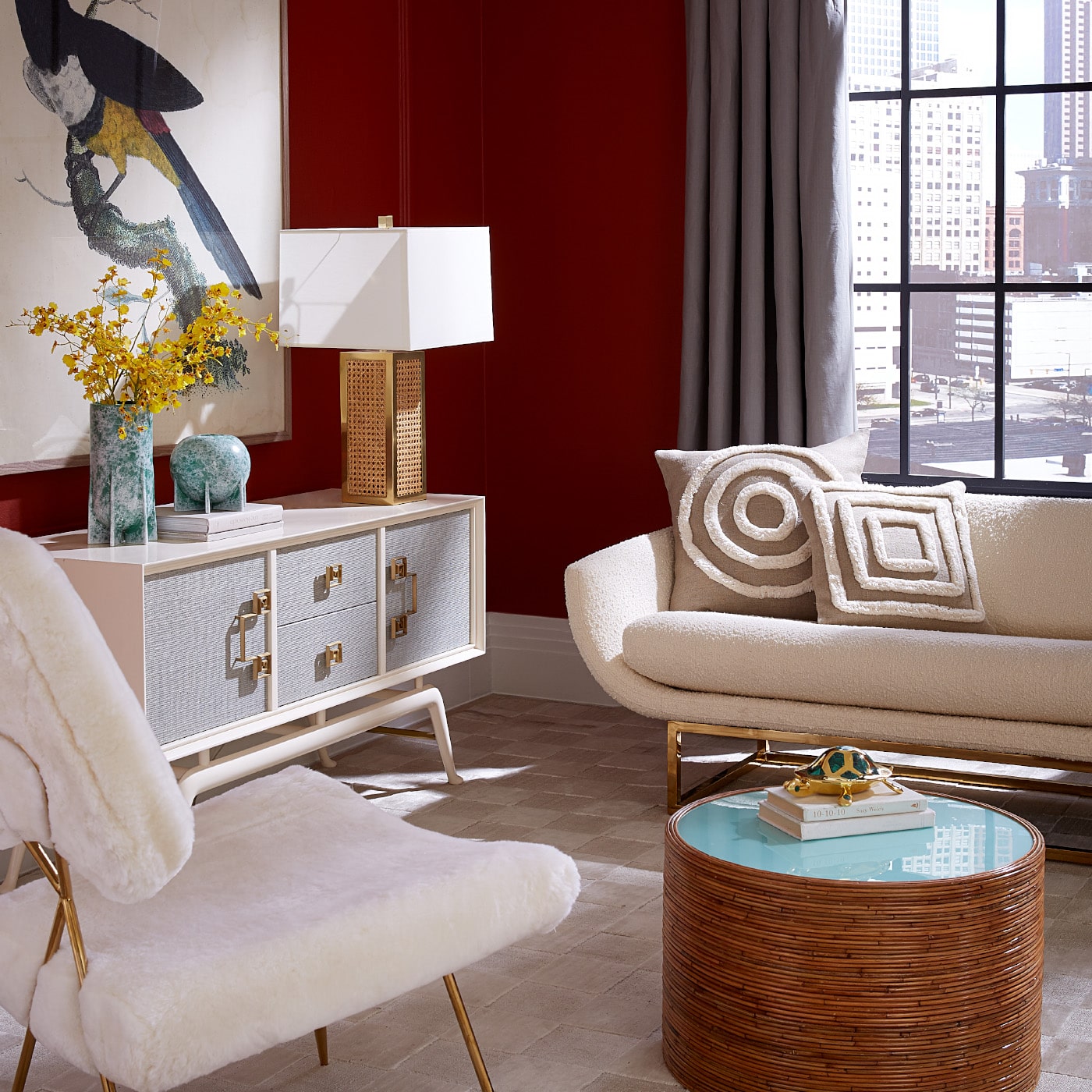 pimlico pillows beaumont settee riviera cocktail table siam credenza - styled view