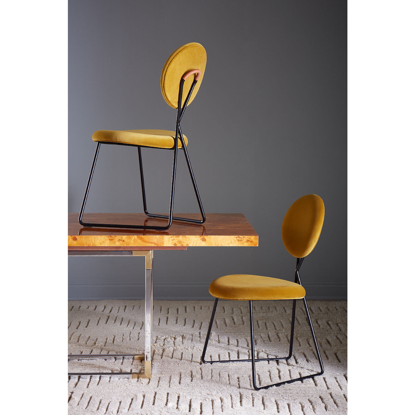 caprice dining chairs bond dining table caracas wave chandelier - styled view