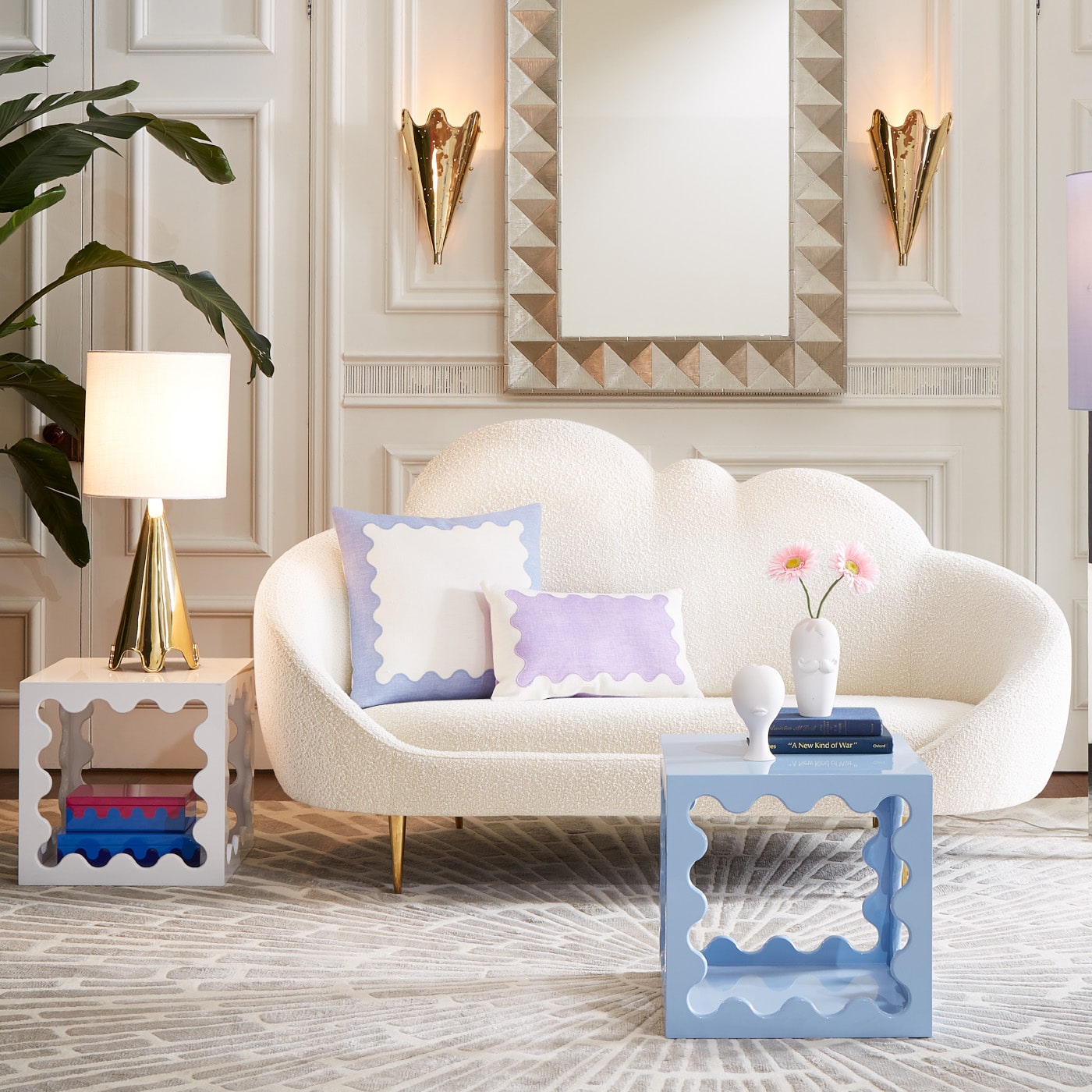 talitha mirror ether cloud settee ripple lacquer side tables - styled view