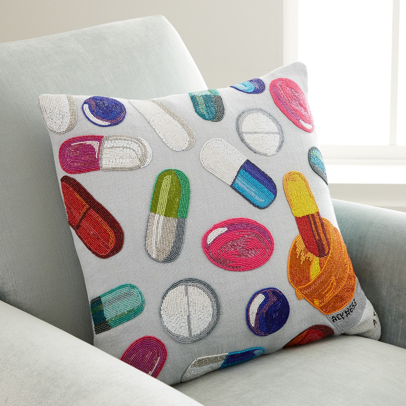happy pills beaded pillow - styled view