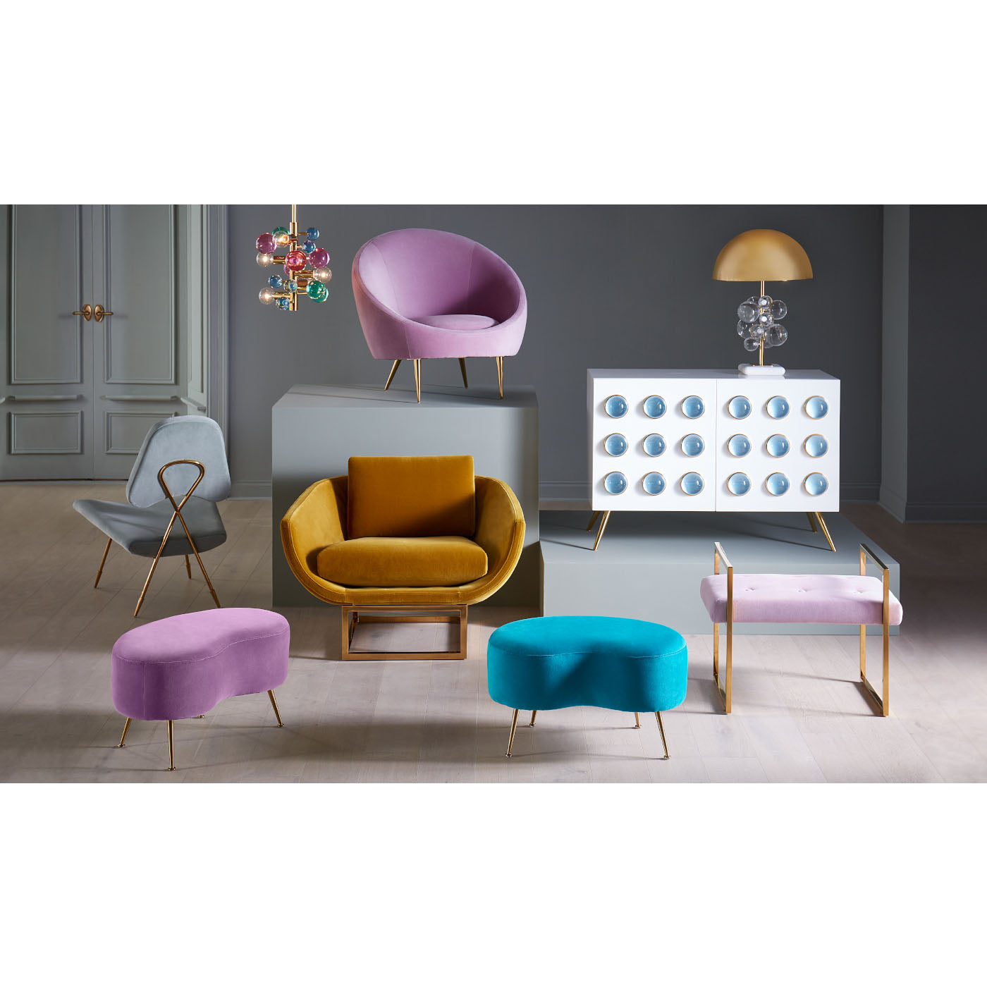globo table lamp clear maxime kidney beaumont ether velvet seating - styled view