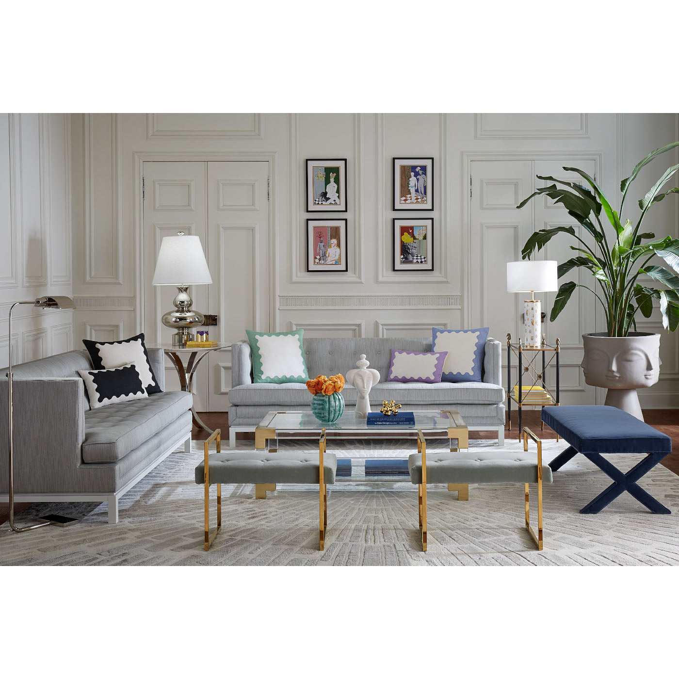 beaumont benches lido celadon lampert t-arm sofa living room - styled view