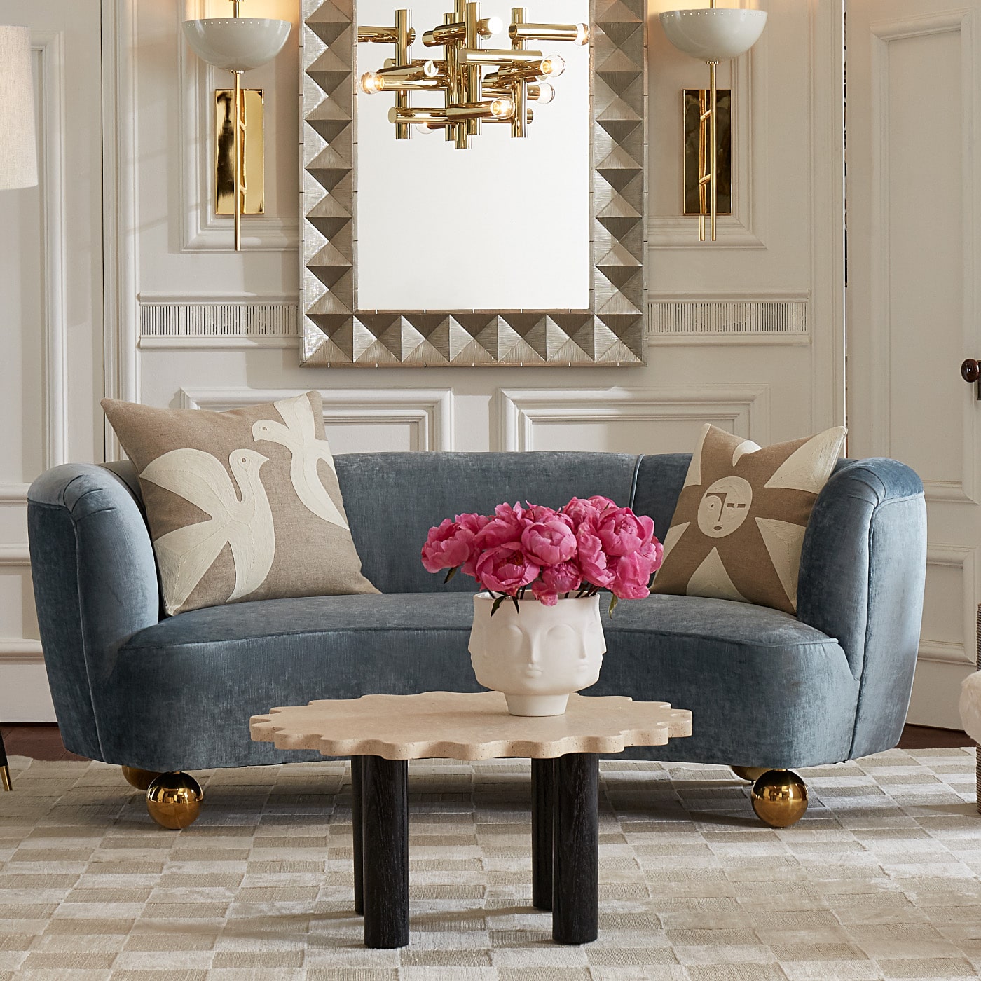 dora maar pedestal bowl parker curved sofa ripple circle travertine cocktail table - styled view