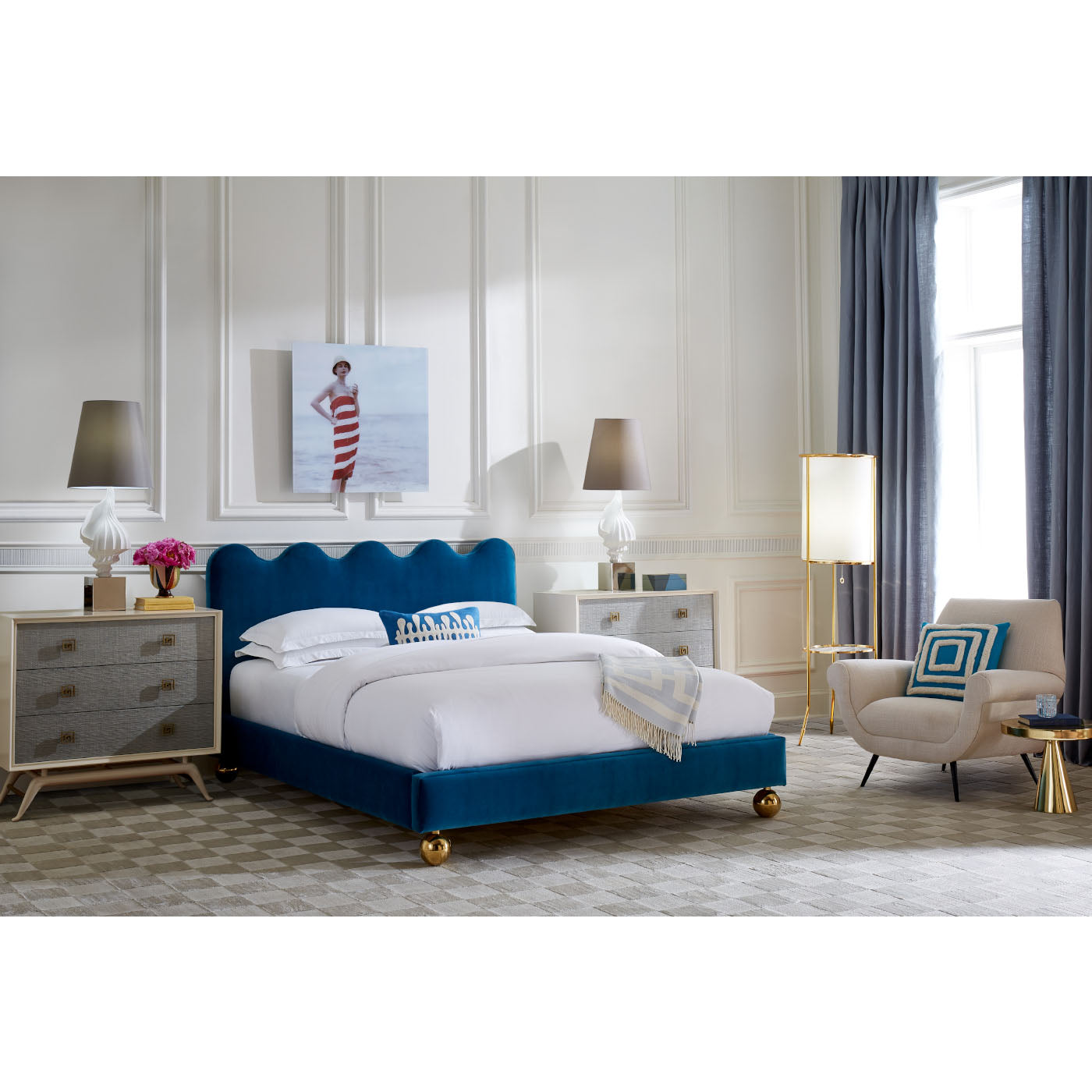 ripple queen bed venice peacock siam three-drawer chest shell table lamp - styled view