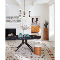 riviera pedestal trocadero dining table riviera tuffet caracas six-light chandelier - styled view