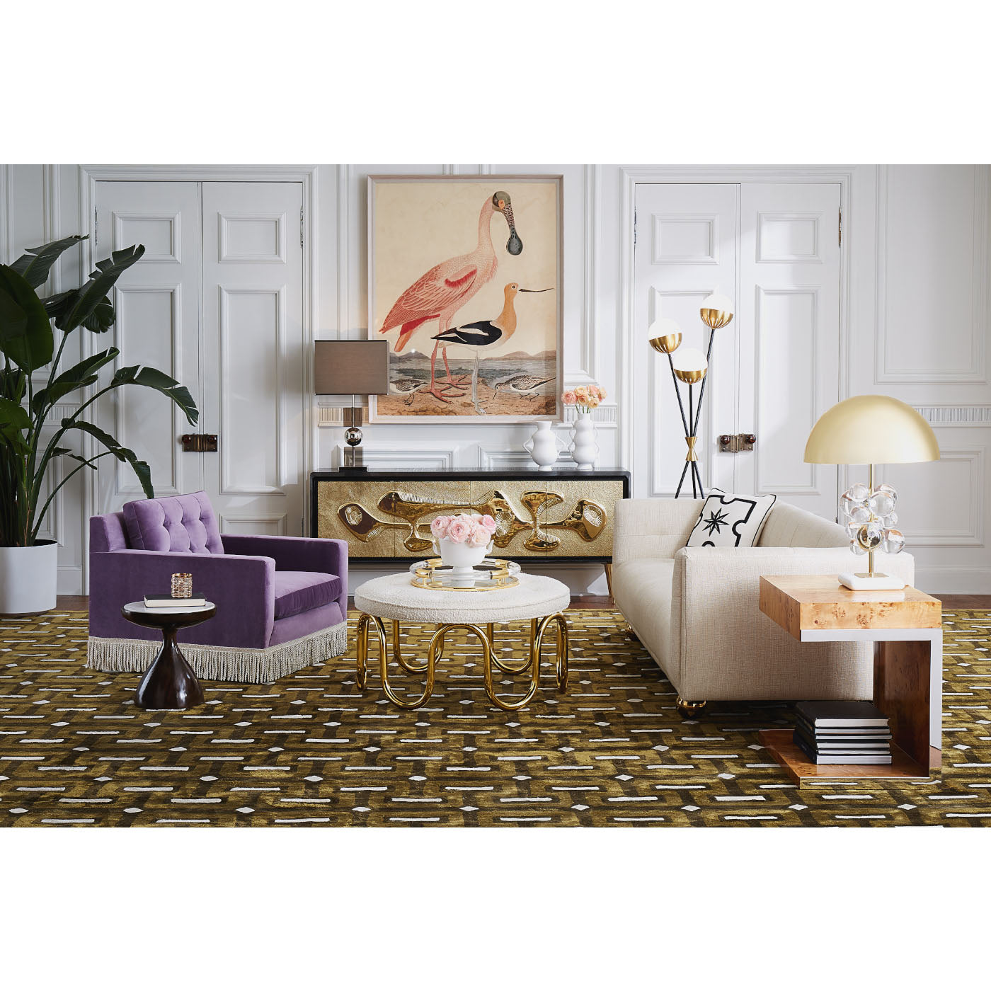 warnicke spoonbill print reform credenza scalinatella ottoman claridge sofa wright lounge chair with bullion fringe - styled view