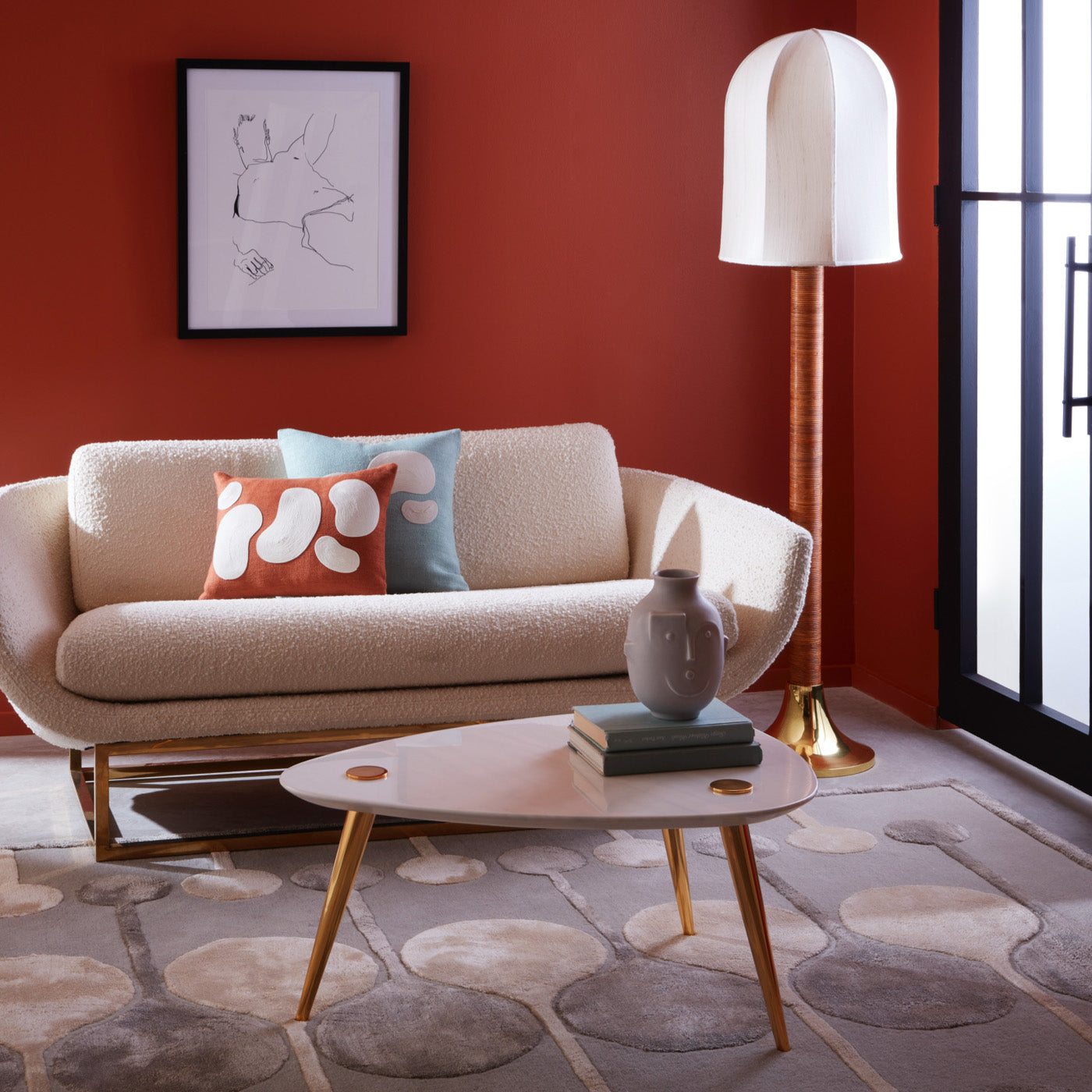 beaumont settee sorrento pillows caracas task floor lamp living room - styled view