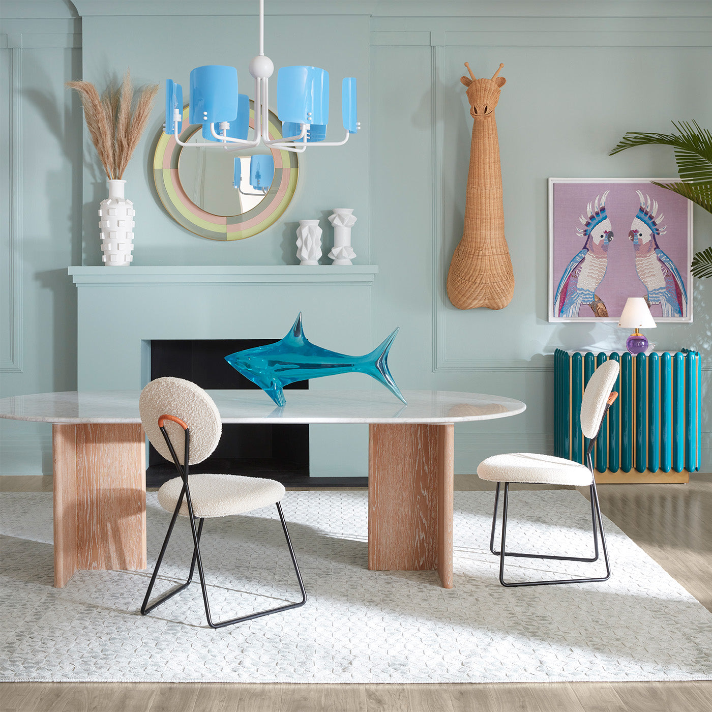 giant acrylic shark brussels t-base dining table caprice dining chairs - styled view