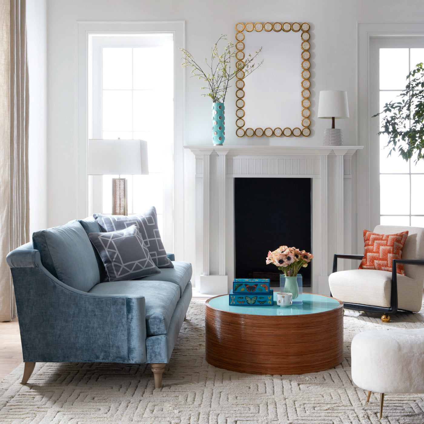 positano pillows kensington sofa large riviera cocktail table - styled view